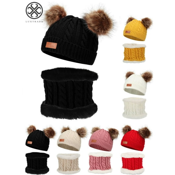 Luxtrada Infant Toddler Winter Hat Scarf Set for Baby Girl Boy Knitted Warm Fleece Lined Skiing Cap Lovely Pompom Kids Beanie 6-36 Months