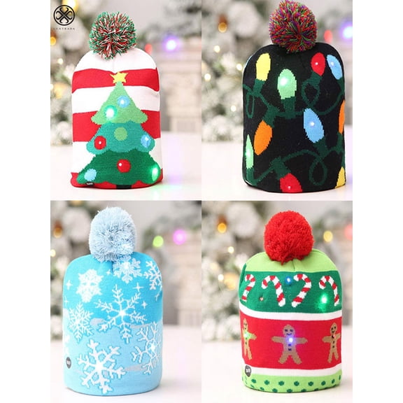Luxtrada LED Light up Hat Knitted Ugly Sweater Holiday Xmas Christmas Beanies Colorful Lights Flashing Hat Knit Cap for Adults Kids (Cane hat)