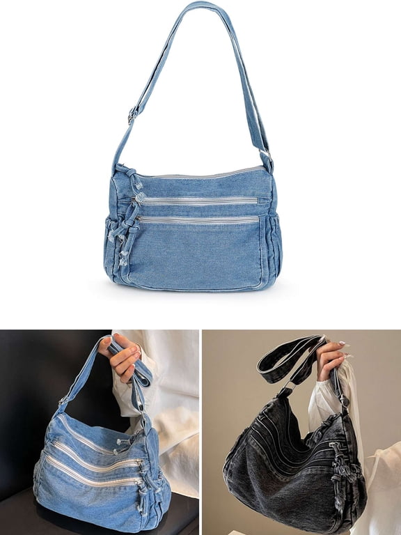 Large Denim Purses for Women Denim Shoulder Bag Crossbody Casual Retro Lightweight Tote Handbags (Blue)