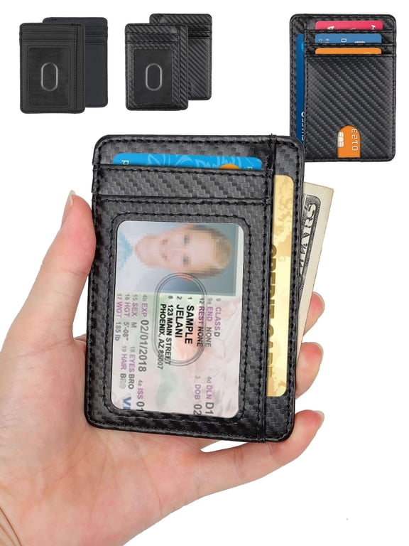 Leather Minimalist Wallet for Men & Women RFID Front Pocket Leather Card Holder Wallets (Black)