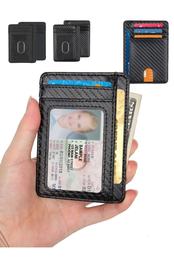 Leather Minimalist Wallet for Men & Women RFID Front Pocket Leather Card Holder Wallets (Texture Black)