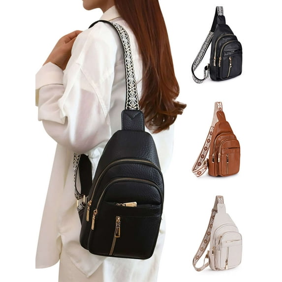 Luxtrada Leather Sling Bag for Women,Travel Small Sling Bag Fanny Pack Crossbody Bags for Women (Black)
