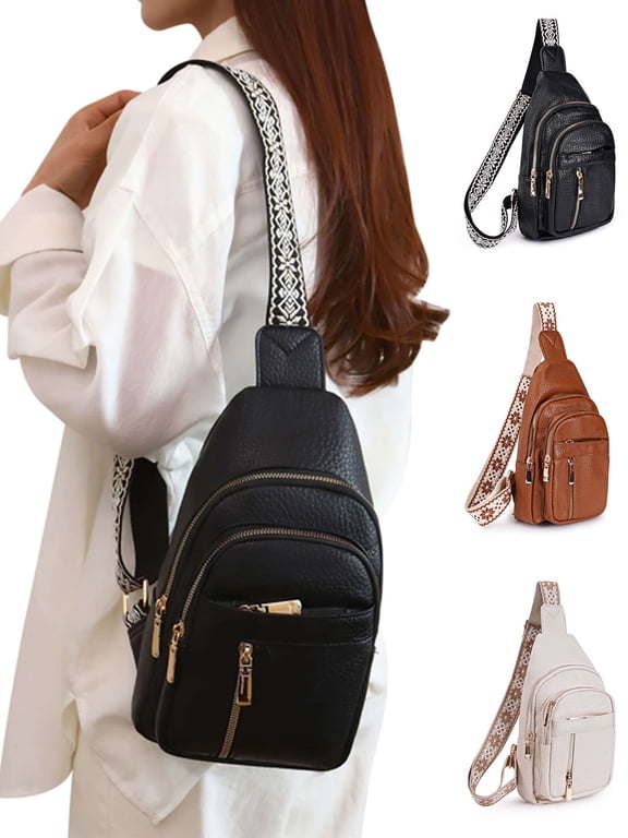 Leather Sling Bag for Women,Travel Small Sling Bag Fanny Pack Crossbody Bags for Women (Black)