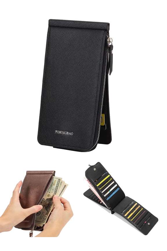 Leather Wallets for Women RFID Blocking Slim Purse Card Holder with Zipper Pocket (Black)