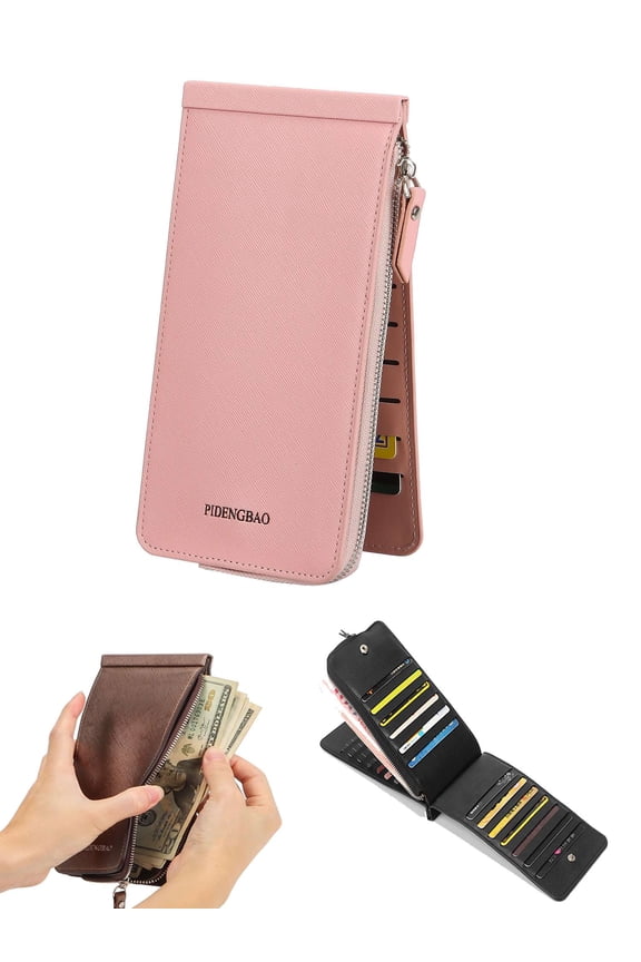 Leather Wallets for Women RFID Blocking Slim Purse Card Holder with Zipper Pocket (Pink)