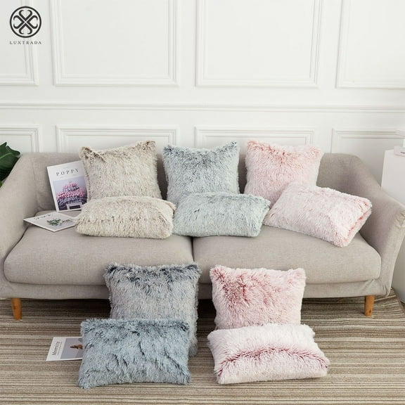 Luxtrada Luxury Mongolian Style Plush Faux Fur Series Decorative Throw Pillow Case, 18" x 18", Square Khaki, 2 Pack