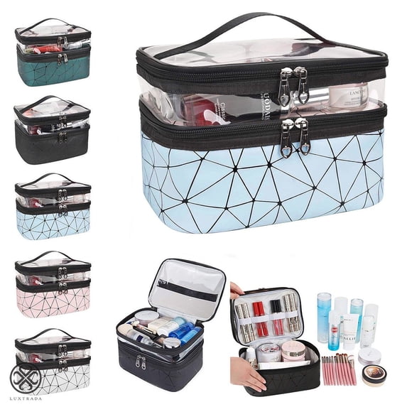 Luxtrada Makeup Bags Double layer Travel Cosmetic Cases Make up Organizer Toiletry Bags (Blue)
