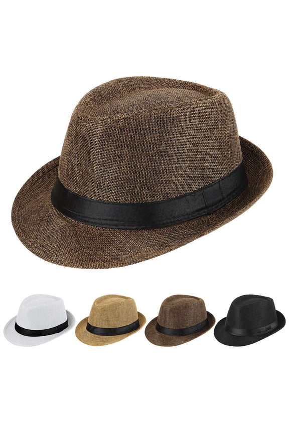 Men Women Straw Jazz Fedora Hat Trilby Cuban Sun Cap Panama Short Brim Summer (Coffee)