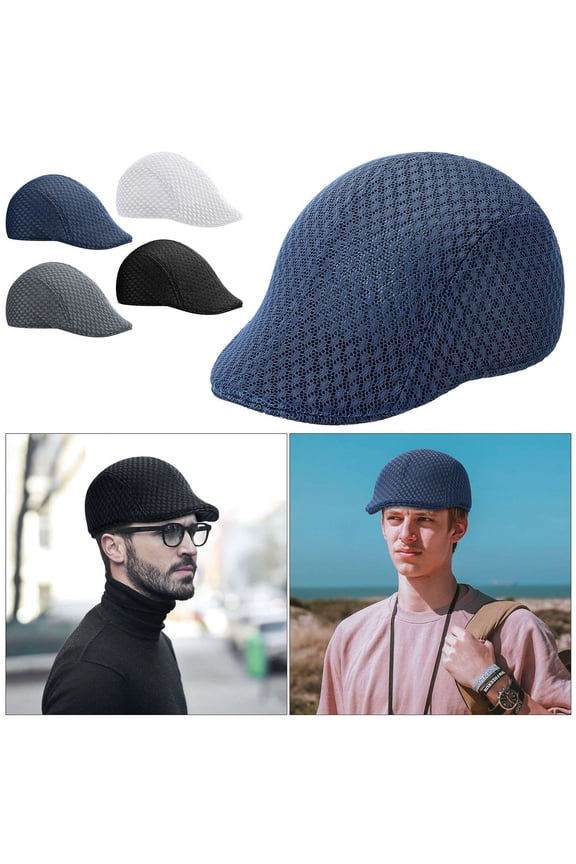 Men's Mesh Flat Cap Breathable Summer Newsboy Hat Cabbie Flat Cap (Navy)