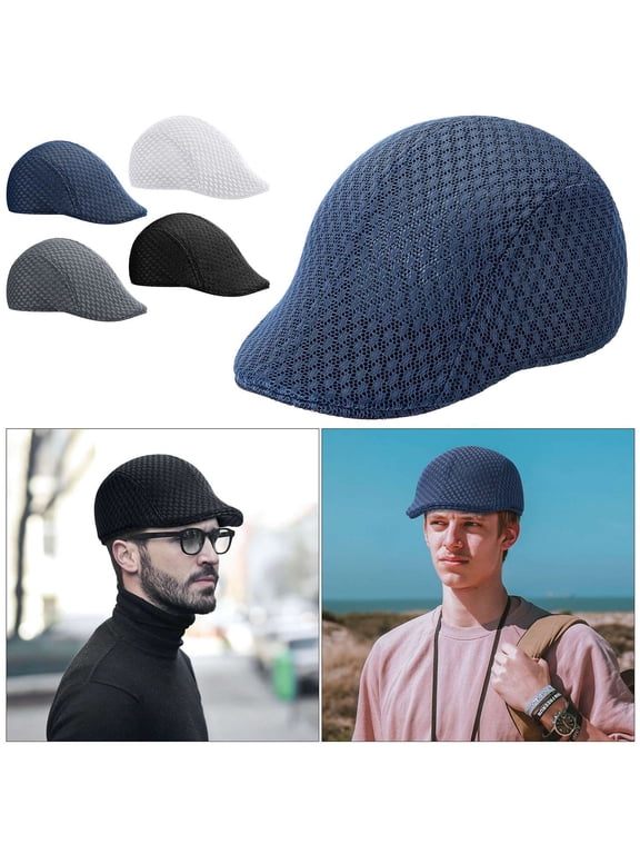 Men's Mesh Flat Cap Breathable Summer Newsboy Hat Cabbie Flat Cap (White)