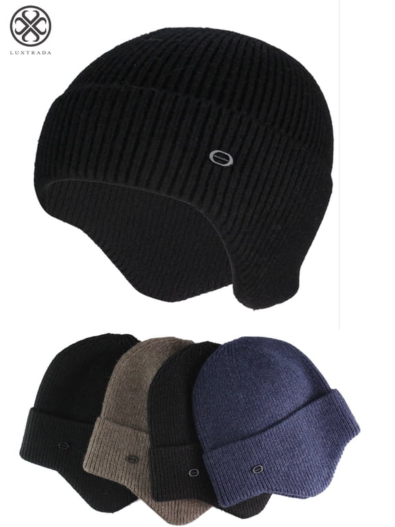 Mens Peaked Knit Winter Warm Fleece Lined Cap Knit Earflap Hat Stocking Caps with Ears Warm Hat (Black)
