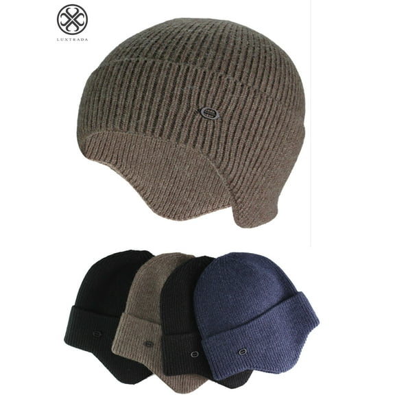 Luxtrada Mens Peaked Knit Winter Warm Fleece Lined Cap Knit Earflap Hat Stocking Caps with Ears Warm Hat (Khaki)