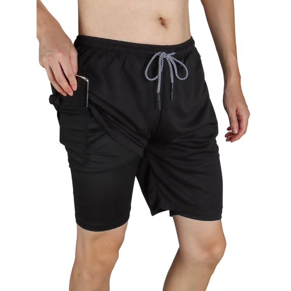 Luxtrada Mens Running Short Workout Running Shorts 2-in-1 Stealth Shorts (Black,L)