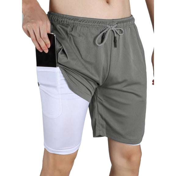 Luxtrada Mens Running Short Workout Running Shorts 2-in-1 Stealth Shorts (Gray,M)