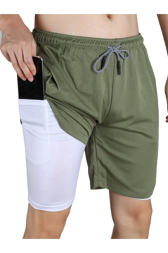 Mens Running Short Workout Running Shorts 2-in-1 Stealth Shorts (Green,M)