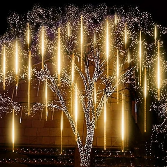 Luxtrada Meteor Shower Lights 30cm 192LED 8 Tubes, LED Snowfall Falling Rain Drop Icicle Snow Fall String Waterproof Cascading Lights Indoor Outdoor Xmas Tree Wedding Party Decoration (Warm)