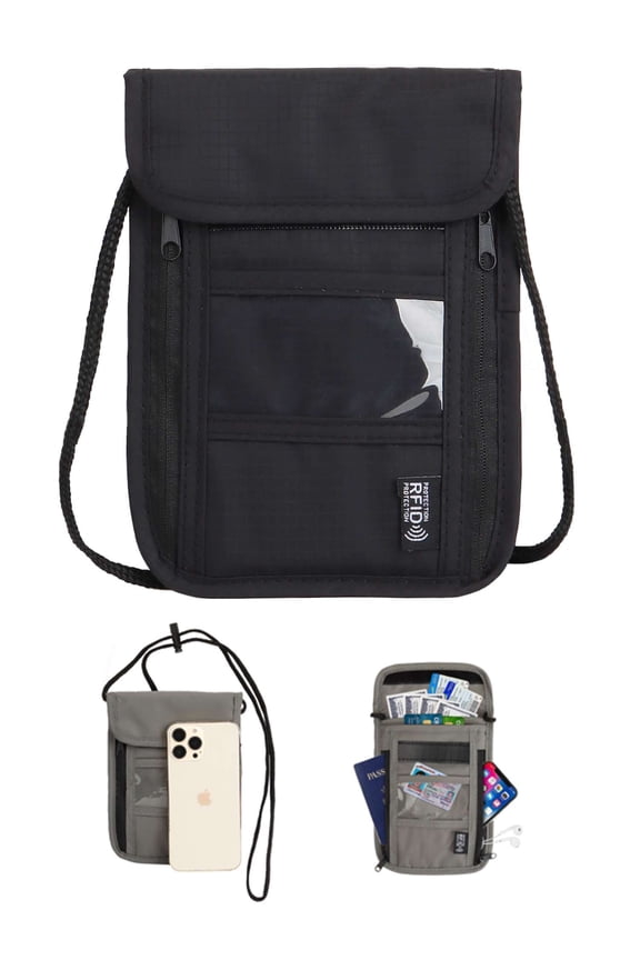 Neck Wallet Passport Holder & Travel Pouch w/RFID Blocking Security (Black)