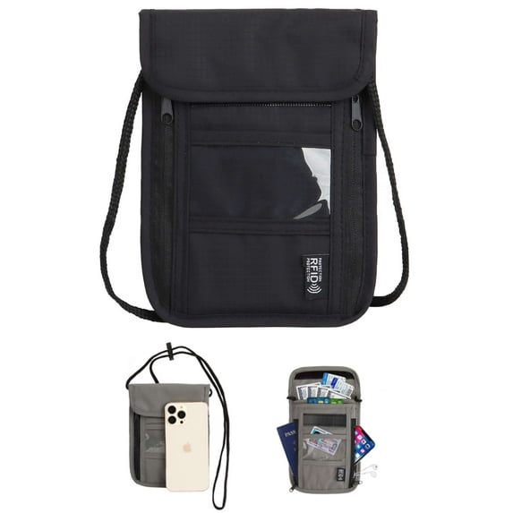 Luxtrada Neck Wallet Passport Holder & Travel Pouch w/RFID Blocking Security (Black)