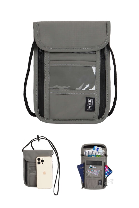 Neck Wallet Passport Holder & Travel Pouch w/RFID Blocking Security (Gray)