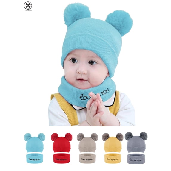 Luxtrada Newborn Kids Baby Boy Girl Pom Hat Winter Warm Knit Bobble Beanie Cap Scarf Set (Blue)