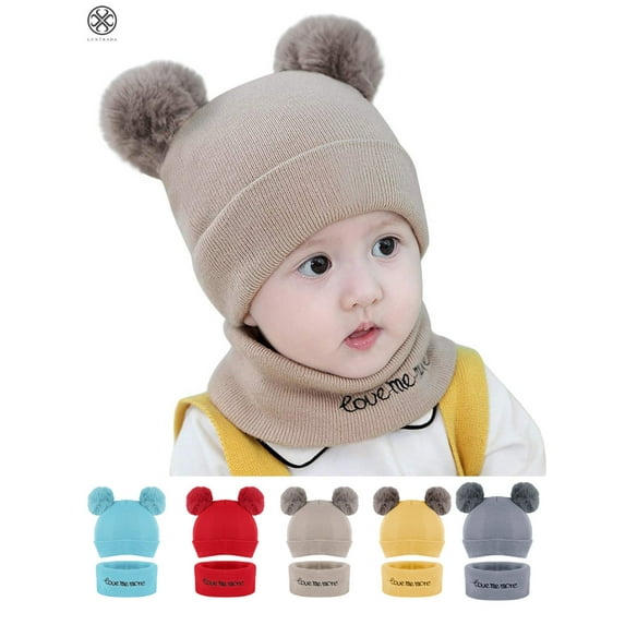 Luxtrada Newborn Kids Baby Boy Girl Pom Hat Winter Warm Knit Bobble Beanie Cap Scarf Set (Khaki)