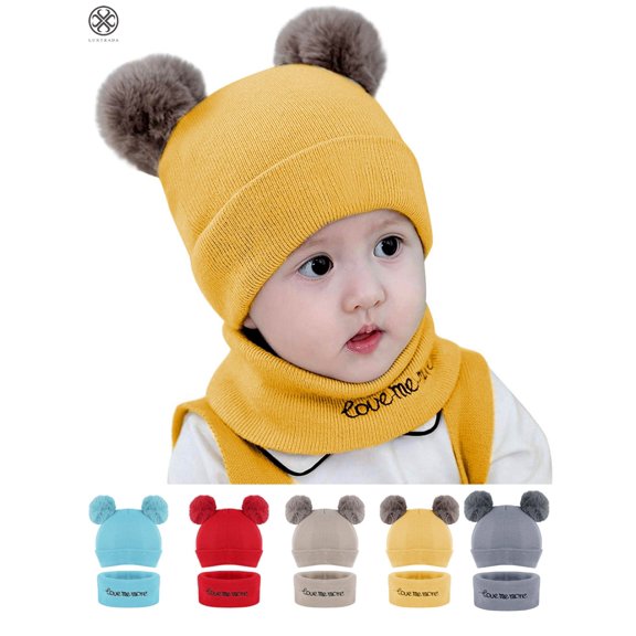 Luxtrada Newborn Kids Baby Boy Girl Pom Hat Winter Warm Knit Bobble Beanie Cap Scarf Set (Yellow)