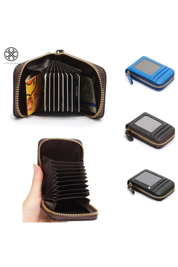 One Opening Mens Wallet Leather Credit Card Holder RFID Blocking Zipper Thin with Id Window (Black)