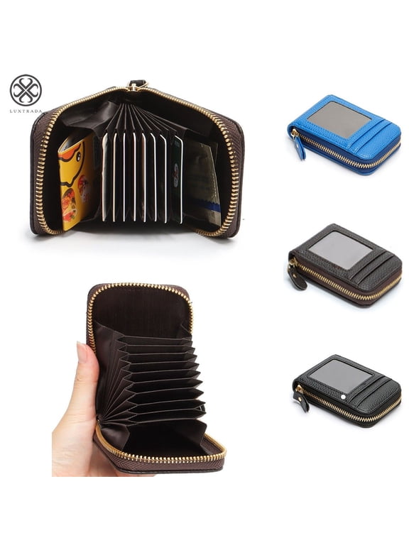 One Opening Mens Wallet Leather Credit Card Holder RFID Blocking Zipper Thin with Id Window (Black)