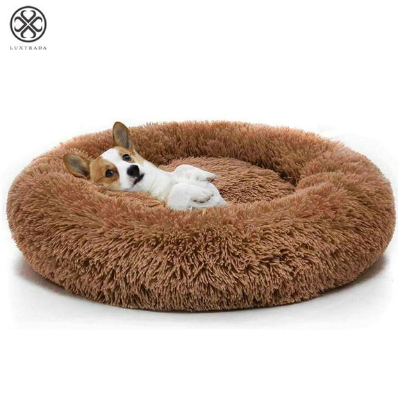 Luxtrada Original Cat and Dog Bed Luxury Shag Fur Donut Cuddler Round Donut Dog Beds Indoor Pillow Cuddler for Medium Small Dogs (L,Brown)