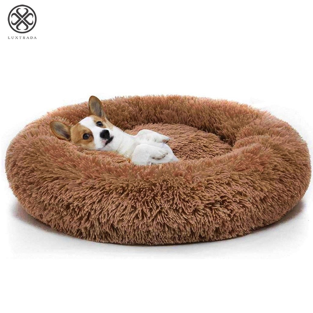 Luxtrada Original Cat and Dog Bed Luxury Shag Fur Donut Cuddler Round Donut Dog Beds Indoor Pillow Cuddler for Medium Small Dogs (M,Brown)