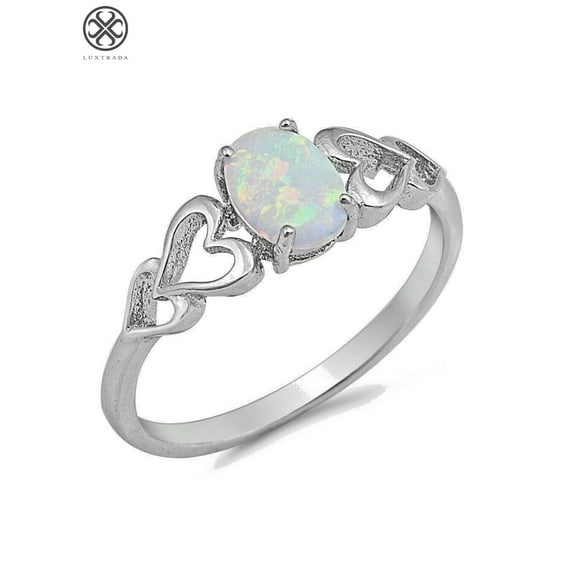 Luxtrada Oval White Fire 925 Sterling Silver Gemstone Jewelry Lab Created Fire Opal Ring For Women Fashion (Size 6)