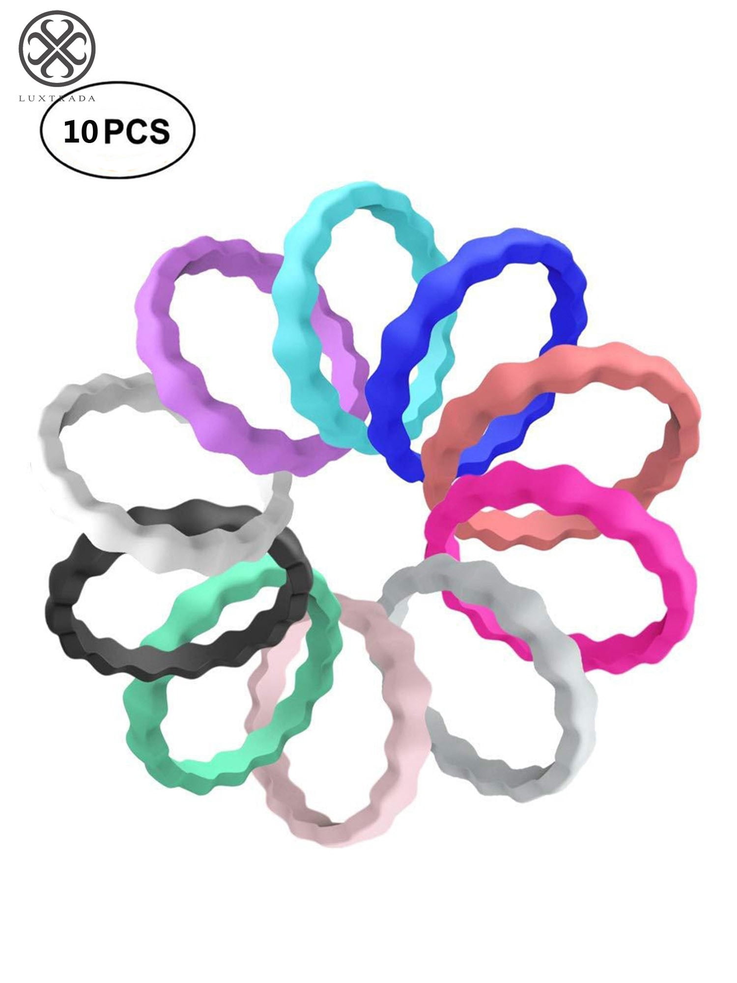 Zollen 10-Pack Silicone Wedding Rings For Women - 3mm Metallic Thin Stackable Rubber Bands, Hypoallergenic & Comfortable