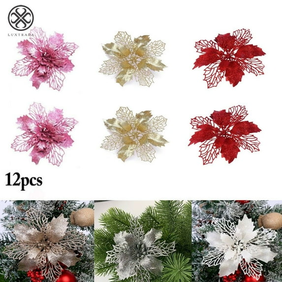 Luxtrada Pack of 12 Glitter Artificial Poinsettia Flowers Christmas Wreath Christmas Tree Flowers Ornaments 6.3’’ Diameter (Silver)