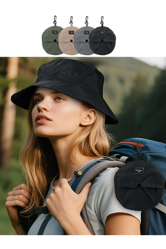 Quick Dry Waterproof Packable Bucket Hat for Women Men Outdoor Sun Hats with Detachable Chin Strap (Black)