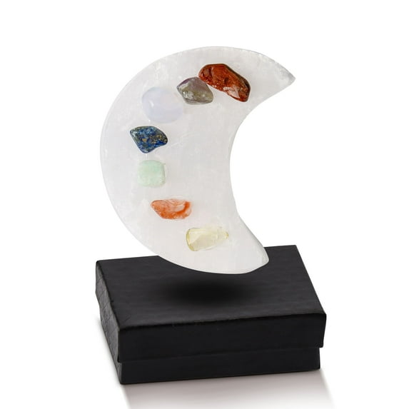 Luxtrada Selenite Moon With 7 Chakra Stones Crystal Moon Charging Bowl Reiki Chakra for Chakra Healing with Box
