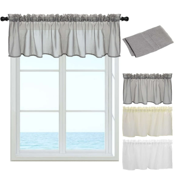 Luxtrada Semi Sheer Faux Linen Slub Textured Curtains Checkered Rod Pocket Valance for Window, Kitchen, Living Room, Bedroom 52*18.1in (Gray)