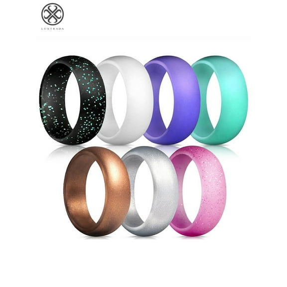 Luxtrada Silicone Wedding Rings for Women, 7 Pack Rubber Single Ring Flexible Gifts for athletes, travelers & adventurers "Size 5"