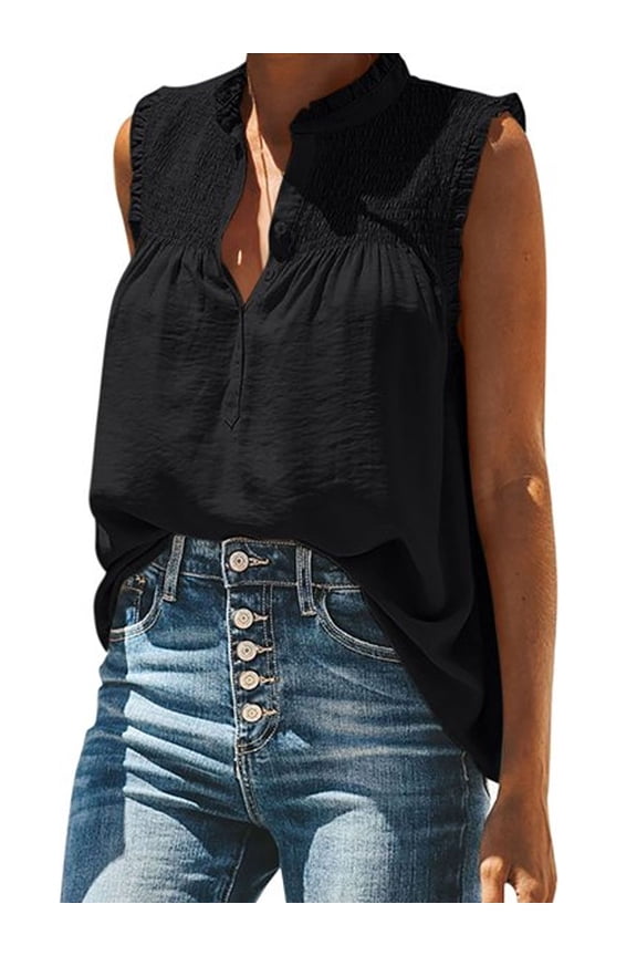 Sleeveless Women Tops Dressy Casual Smocked Flowy Button Up Tanks T-Shirt Shirts Turtleneck Solid Color Ruffle Plus Size Tunics Top for Women Summer Blouse (Black,L)