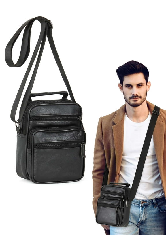 Small Leather Sling Shoulder Bag Messenger Pack for Men Women Outdoor Travel Business Black