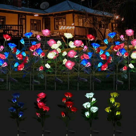 Luxtrada Solar Powered Garden Stake Rose Lights,Outdoor LED Solar 5 Rose Flower Light, Waterproof IP65 Decoration Lights for Patio,Garden,Backyard (Red)