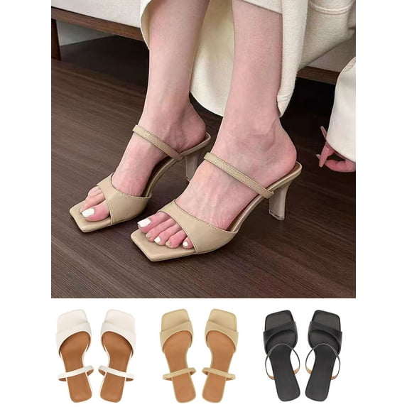 Luxtrada Square Toe Heeled Sandals for Women - 2.8in Women's Low Block Heels Sandals Nude Black Strappy Heels for Party Wedding Dress Shoes