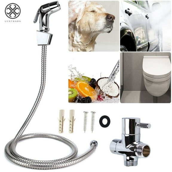 Luxtrada Stainless Steel Handheld Bidet Spray Shattaf Toilet Brass T-Adapter and Hose Kit