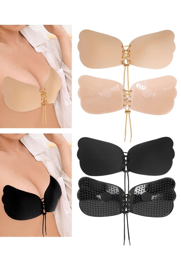 Strapless Self Adhesive Bra, Push Up Invisible Silicone Bras for Women with Drawstring Suit For Dress Wedding Party "Cup C,2pcs-Black+Skin"