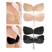 Luxtrada Strapless Self Adhesive Bra, Push Up Invisible Silicone Bras for Women with Drawstring Suit For Dress Wedding Party "Cup C,2pcs-Black+Skin"