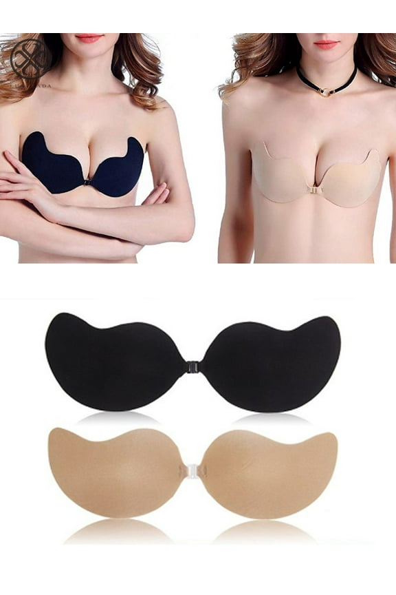 Strapless Sticky Bra Self Adhesive Backless Push Up Bra Reusable Invisible Silicone Bras for Women "2pcs-Black+Skin,C Cup"