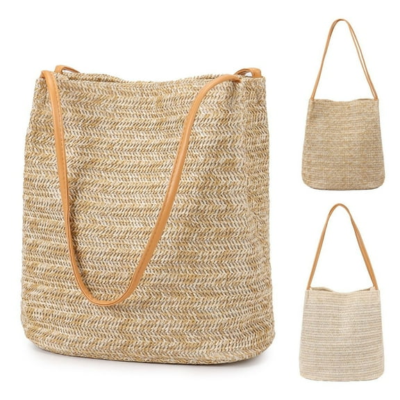 Luxtrada Straw Beach Bag Buckets Totes Handbag Shoulder Bag Tote Bag Women Summer Handbag "Dark Beige"