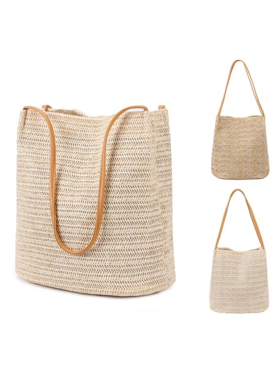 Straw Beach Bag Buckets Totes Handbag Shoulder Bag Tote Bag Women Summer Handbag "Light Beige"