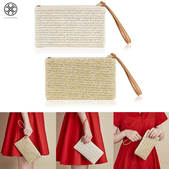Luxtrada Straw Clutch Bag Straw Zipper Wallet Bohemian Summer Beach Straw Wristlet Handbag for Women Girl