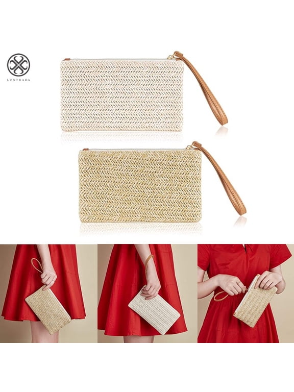 Straw Clutch Bag Straw Zipper Wallet Bohemian Summer Beach Straw Wristlet Handbag for Women Girl