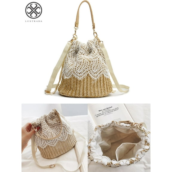 Luxtrada Straw Shoulder Bag Bucket Bohemia Summer Rattan Handbag Vocation Woven Tote Lace Crossbody Shoulder Bag Purse